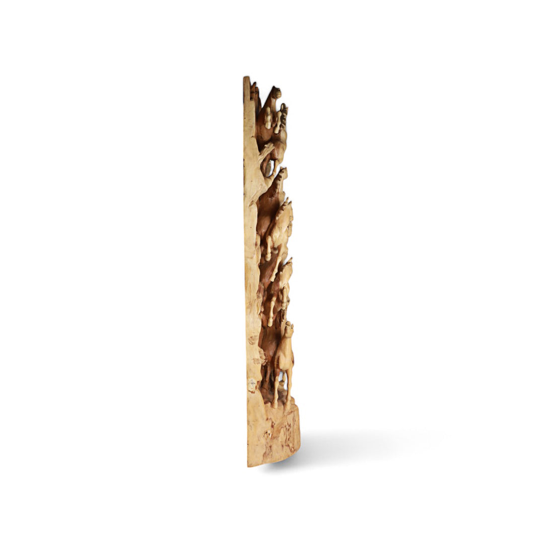 Hand-Carved Wooden Freestanding Art Panel with Graceful Horse Figures | Code 3
