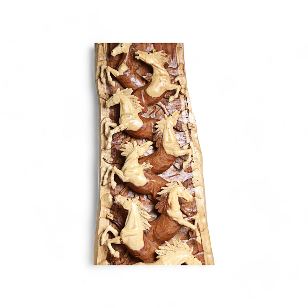 Hand-Carved Wooden Freestanding Art Panel with Graceful Horse Figures | Code 3