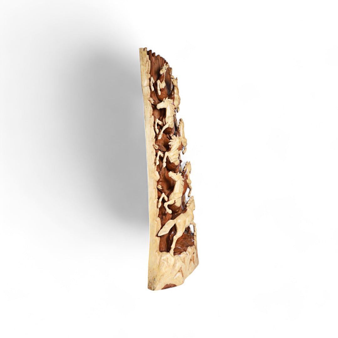 Hand-Carved Wooden Freestanding Art Panel with Graceful Horse Figures | Code 3
