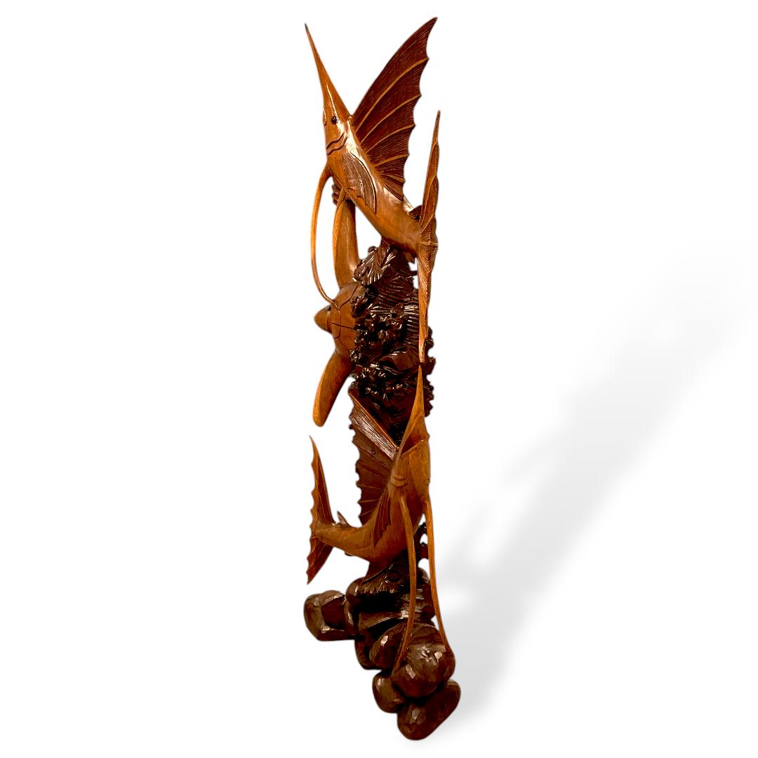 Hand-Carved Wooden Swordfish and Sea Turtle Sculpture | Code 133