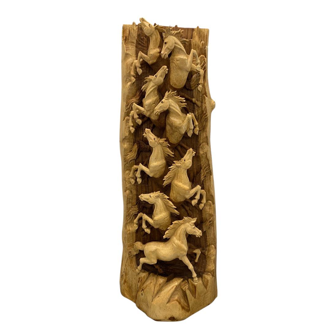 Single-Block Hand-Carved Wooden Sculpture – Galloping Wild Horses | Code 150