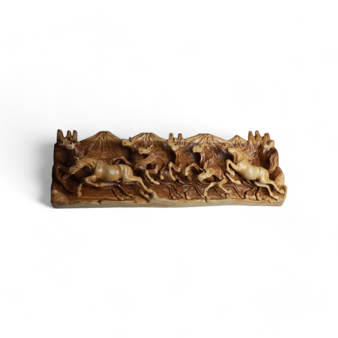 Hand-Carved Wooden Galloping Horses Sculpture