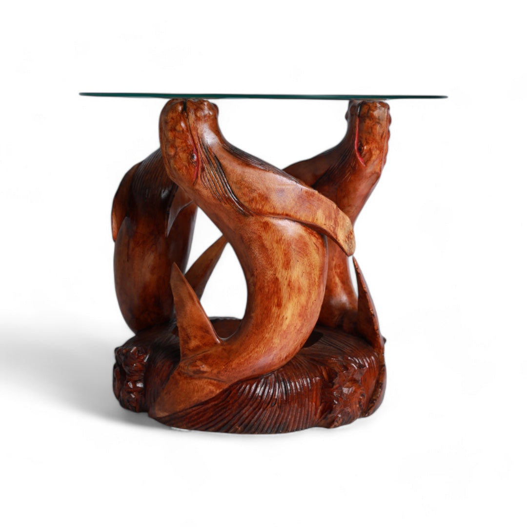 Handcrafted Decorative Wood Table with Sea Lion Sculpture Design | Code 100