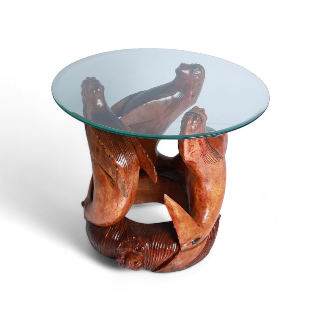 Handcrafted Decorative Wood Table with Sea Lion Sculpture Design | Code 100