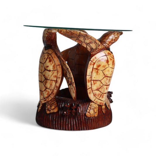 Handcrafted Decorative Wood Table with Turtles Sculpture Design | Code 655