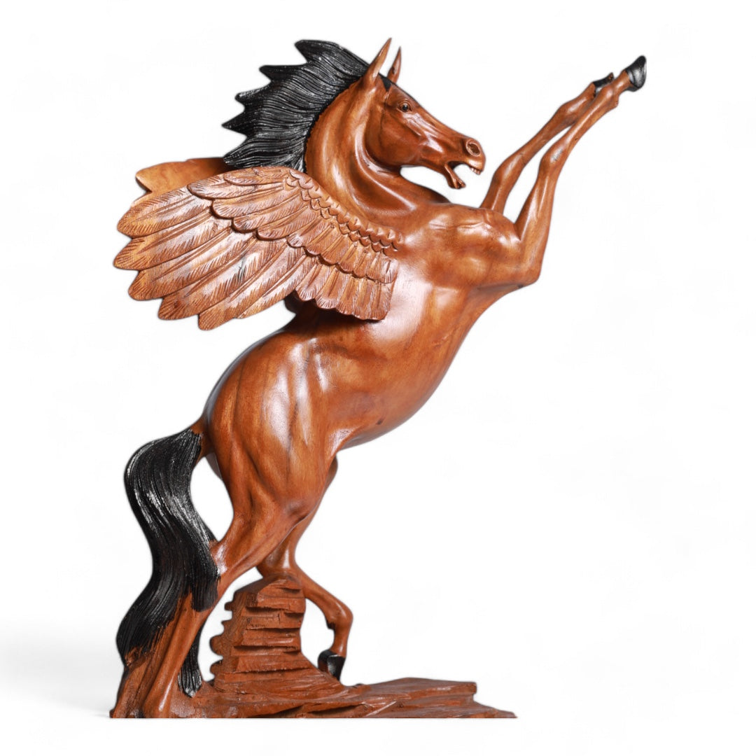 Hand-Carved Wooden Winged Horse Sculpture