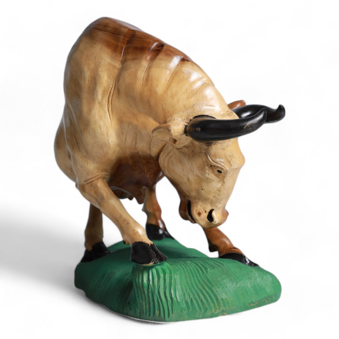 Handcrafted Decorative Wood Sculpture of a Fighter Bull