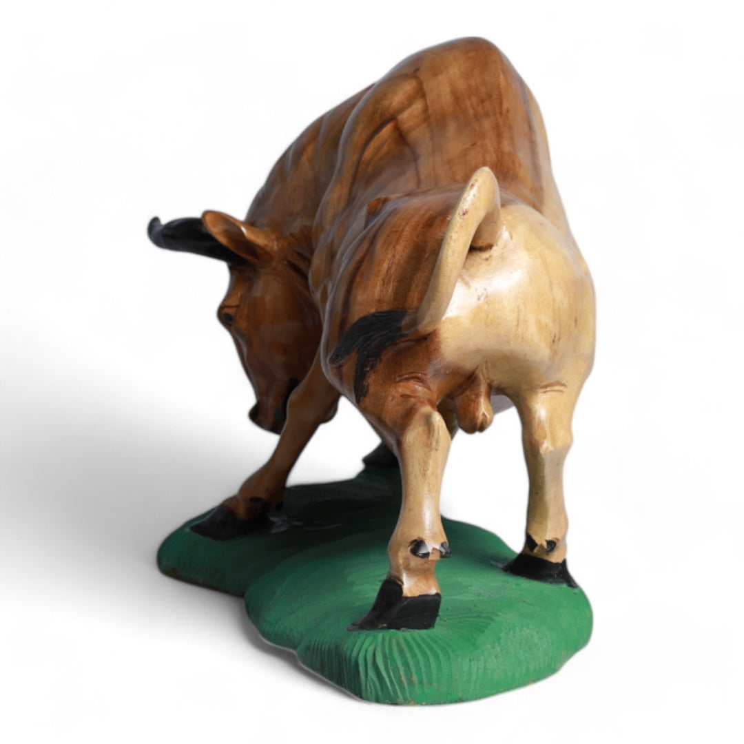 Handcrafted Decorative Wood Sculpture of a Fighter Bull