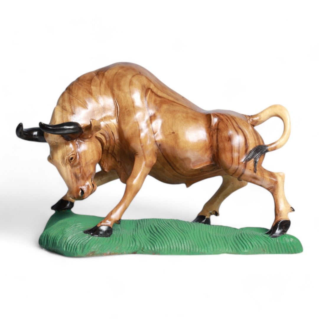 Handcrafted Decorative Wood Sculpture of a Fighter Bull