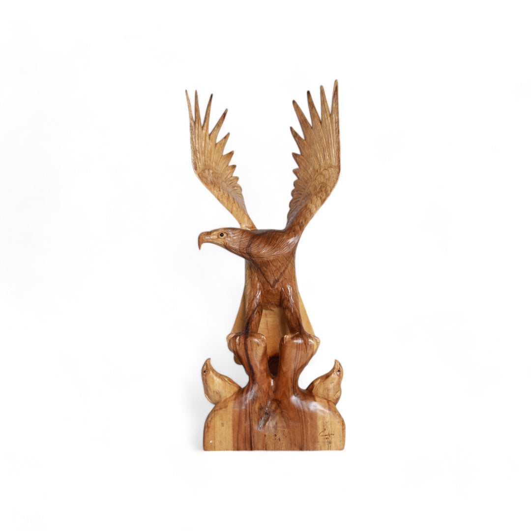 Wooden Eagle Sculpture Rising Above with Family