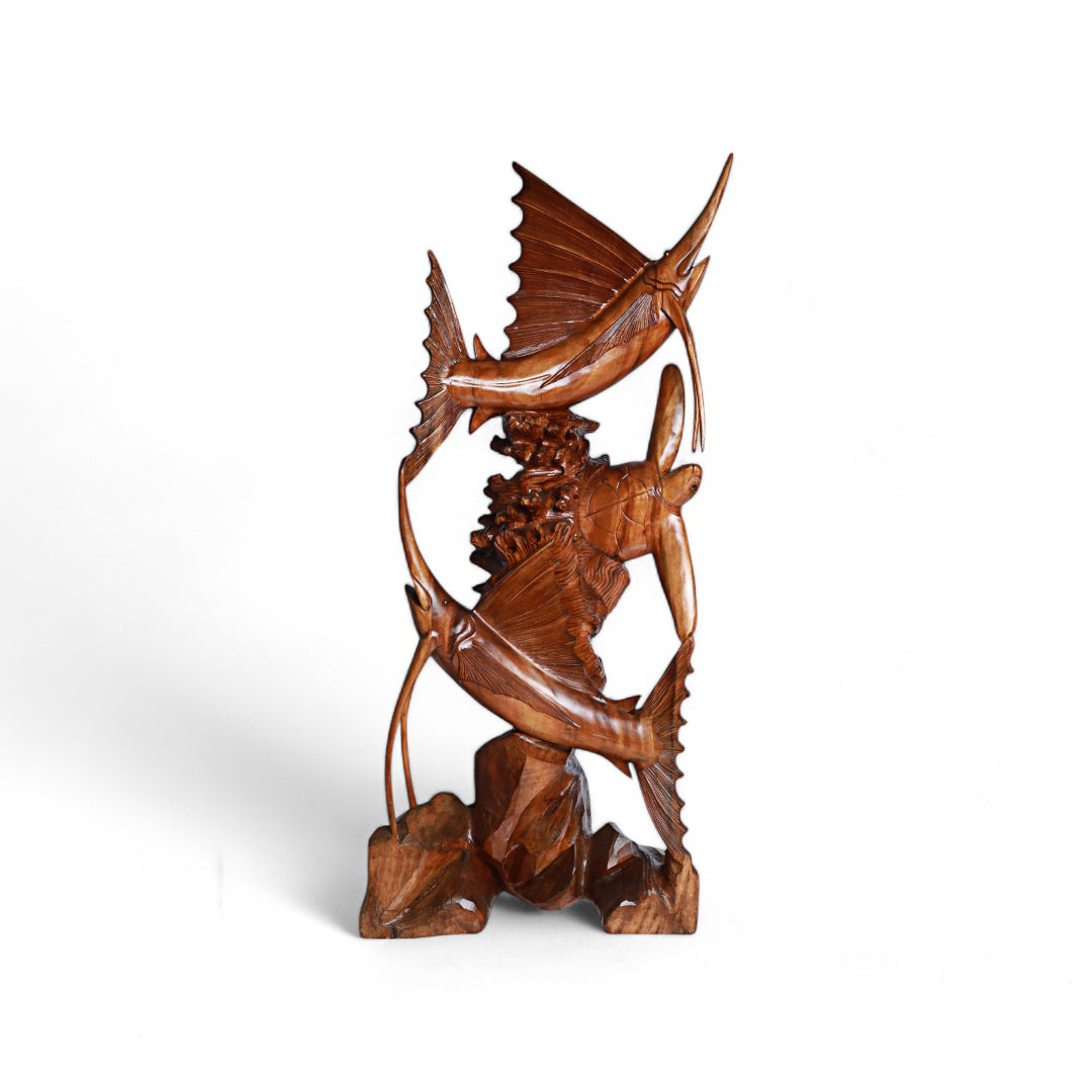 Handcrafted Wood Sculpture - Swordfish and Turtle Harmony | Code32