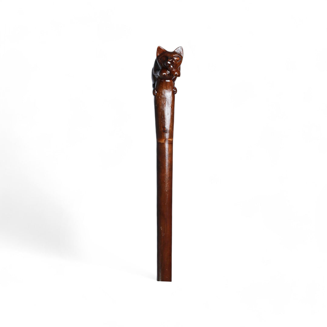 Handcrafted Wooden Walking Stick with Wild Cat Sculpted Handle | Code 60