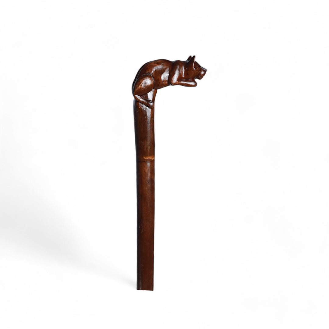 Handcrafted Wooden Walking Stick with Wild Cat Sculpted Handle | Code 60