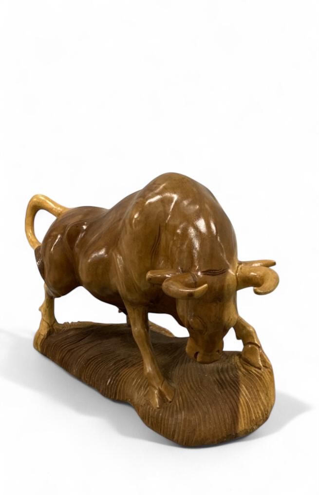 Title: Hand-Carved Wooden Bull Sculpture in Battle Stance, Crafted from a Single Piece of Durable Hardwood | Code 228