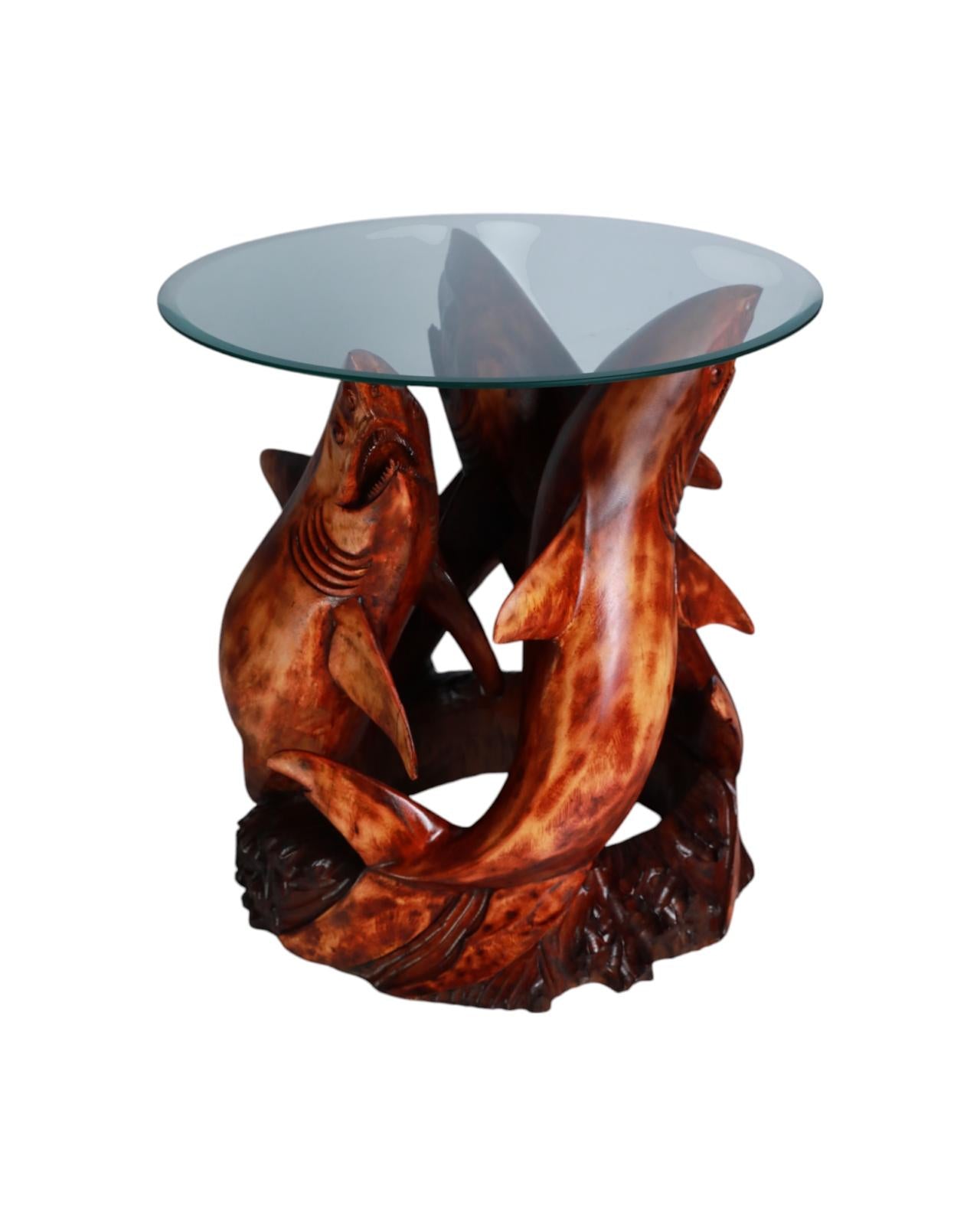 Handcrafted Wooden Table with Three Sharks in Hunting Motion | Code: 33