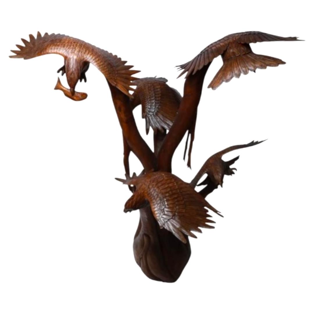 Hand-Carved Wooden Eagles in Flight Sculpture | Code 29