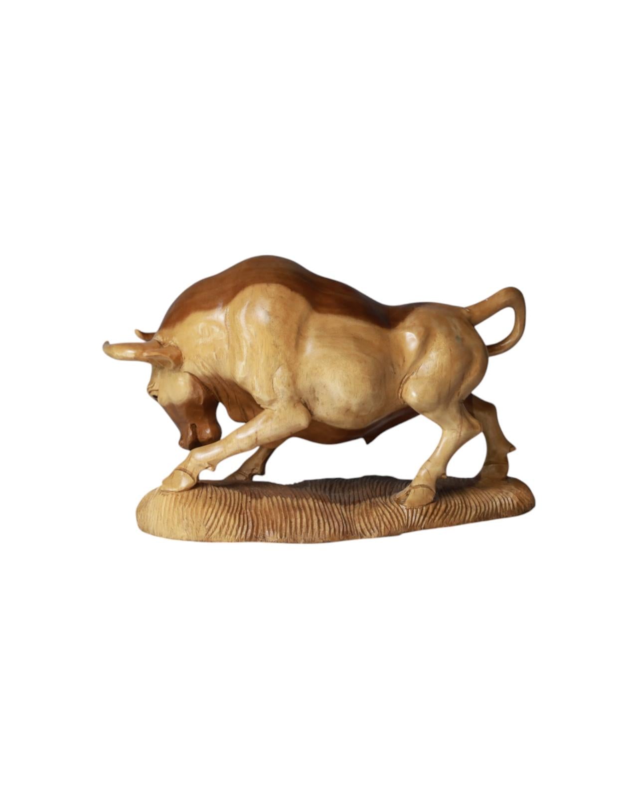 Title: Hand-Carved Wooden Bull Sculpture in Battle Stance, Crafted from a Single Piece of Durable Hardwood | Code 228