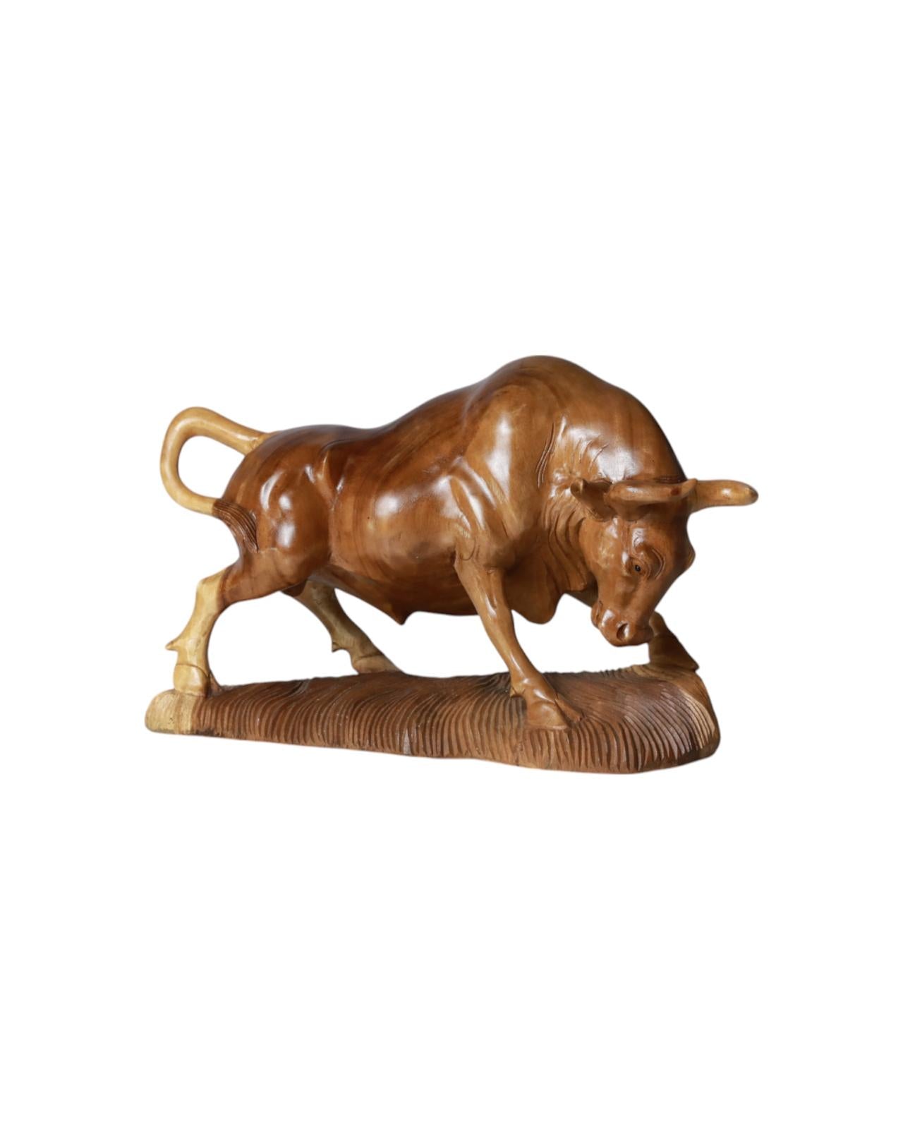 Title: Hand-Carved Wooden Bull Sculpture in Battle Stance, Crafted from a Single Piece of Durable Hardwood | Code 228