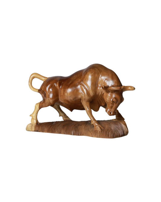 Title: Hand-Carved Wooden Bull Sculpture in Battle Stance, Crafted from a Single Piece of Durable Hardwood | Code 228